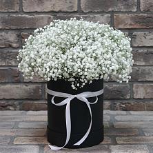 Цветочная композиция из Гипсофила в шляпной коробке в 40 лет октября